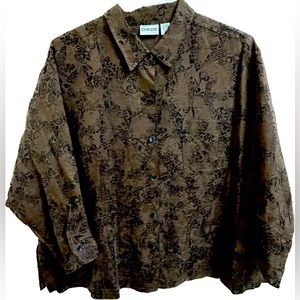 Chicos Button Down Long Sleeve Silk and Linen Print Blouse